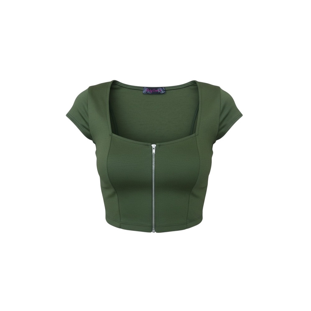 Body Central Crop Top Womens S Green Zip Front Square Neck Ribbed Short Sleeve